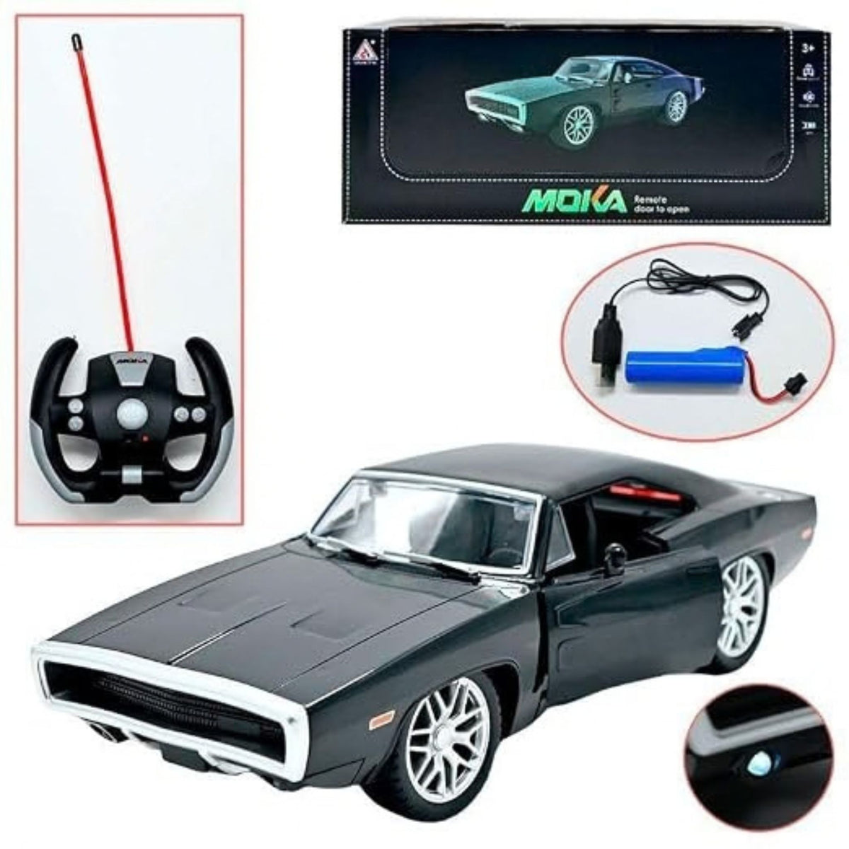Black KGF Style Remote Control Muscle Car Diecast Model with Opening Doors Collectible