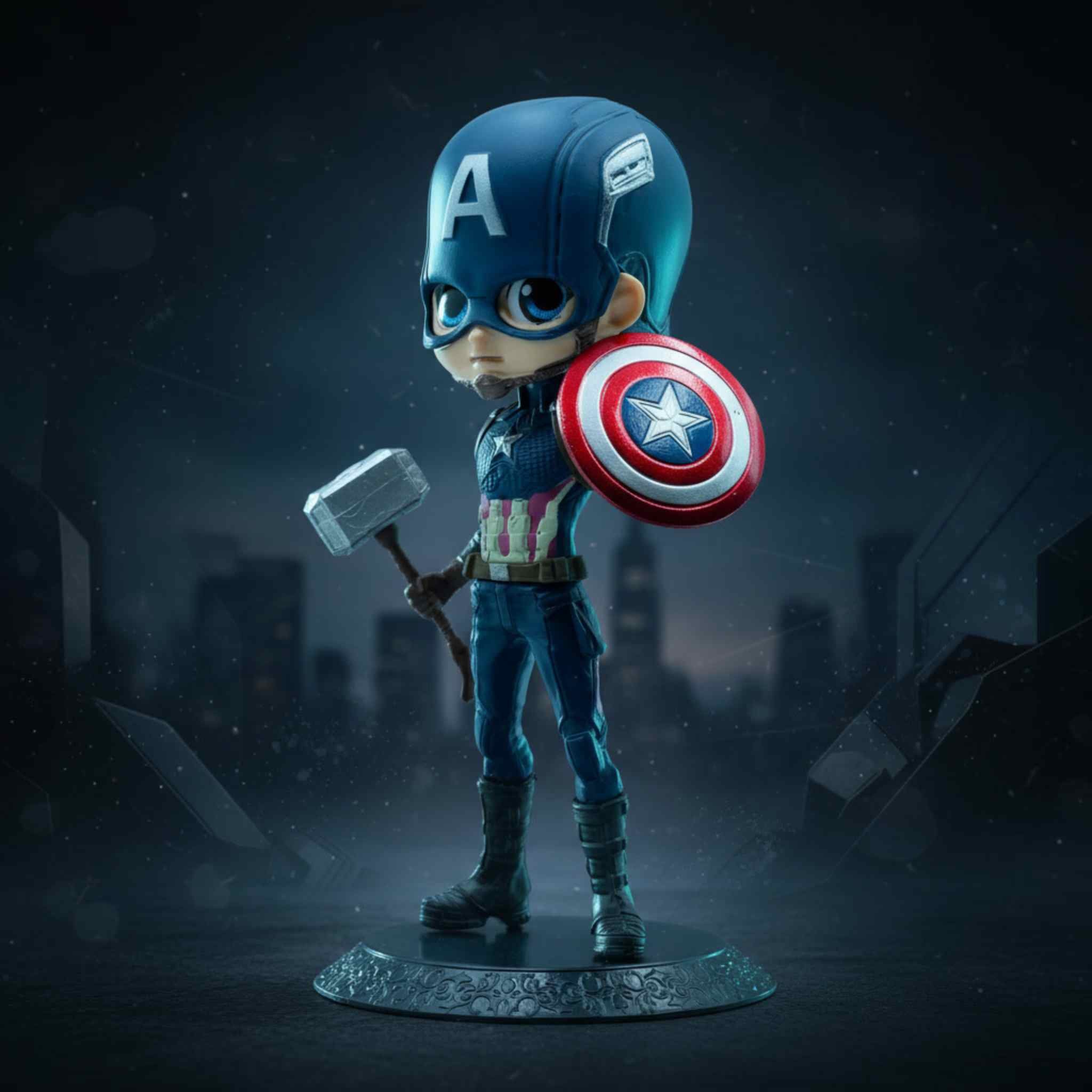 Captain America Chibi Figure with Shield and Mjolnir Marvel Avengers Collectible Figurine